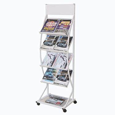 Imagem de ZDJZMGZ Porta-revistas de piso alto de 155 cm, suporte de exibição de folheto de discos com 4 rodas de freio, suporte de revistas preto para casa/escritório/lojas de varejo, metal (branco)