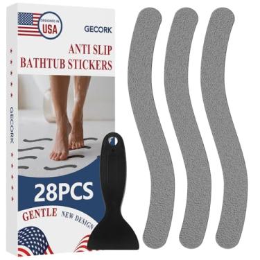 Imagem de Gecork 28 peças adesivos antiderrapantes para piso de chuveiro com adesivo forte, invisível e durável, adesivos de chuveiro antiderrapantes com raspador para banheira, piscinas e escadas (cinza