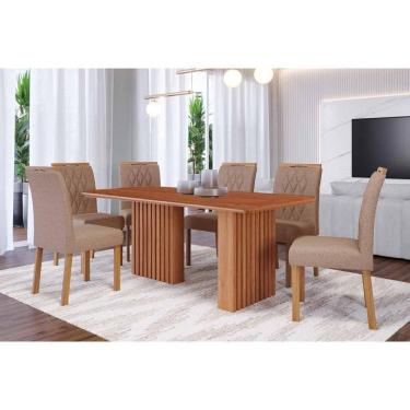 Imagem de Conjunto: Mesa Sala Jantar Ester Tampo Madeirado 180x90cm e 6 Cadeiras Juliana Cinamomo - Carvalho/Linho Bege Cimol