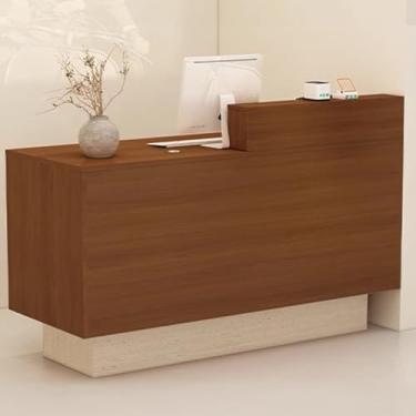 Imagem de Mesa de recepção moderna com gaveta com trava, grande armazenamento e ilhós de cabo - balcão frontal para loja de varejo ou escritório - marrom, 110 cm