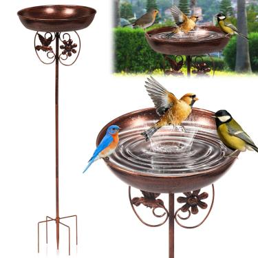 Imagem de Espigão de banho para pássaros de alimentação para jardim e pátio, banho decorativo de pássaros em pé com grande capacidade, alimentador de pássaros de ferro em pé para atrair pássaros selvagens para
