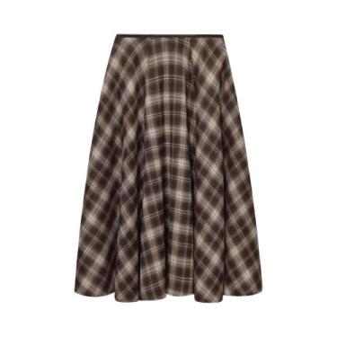 Imagem de Saia Midi Vintage Xadrez Feminina, Corte A, Estilo Casual Com Bolsos -