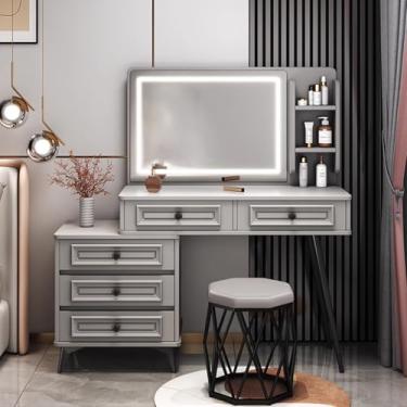 Imagem de Penteadeira com gavetas - Conjunto de mesa com espelho e luzes, inclui cadeira e armário lateral retrátil, ideal para meninas e mulheres no quarto ou vestiário