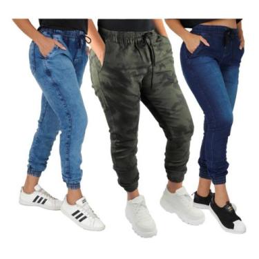 Imagem de 3 Peças Kit Calça Joguer Sarja Feminina Preto Azul Bege, 48