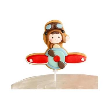 Imagem de Topo De Bolo Temático De Aviação Com Urso Piloto Em Desenho Animado, B