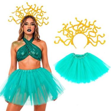 Imagem de Fantasia Medusa Feminina Adulta Kit Tiara Serpente Grande + Saia 40cm 