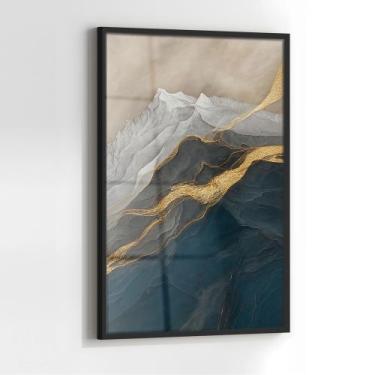 Imagem de Quadro com Moldura e Acrilico Cristal Vidro Montanhas Azul Dourada par