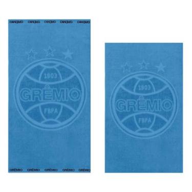 Imagem de Kit Toalha de Banho e Rosto Aveludada Jacquard de Time Grêmio Azul Bue
