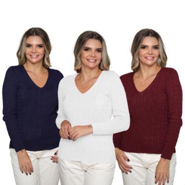 Imagem de Kit 3 Blusas Feminina Tricô Suéter Manga Longa Trançado Frio - Exposiç