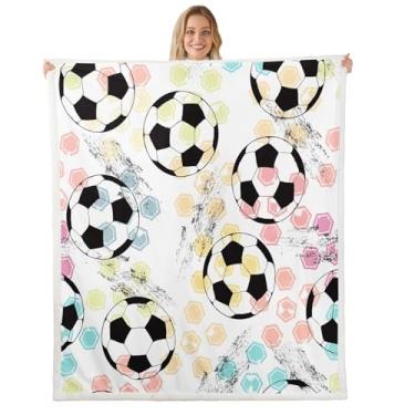 Imagem de Feelyou Cobertor de lã de futebol infantil cobertor de ovelha com tema esportivo para sofá criança bola de futebol padrão cobertor de pelúcia colorido estilo grunge cobertor felpudo quente geométrico decoração do quarto 101,6 cm x 127 cm