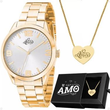 Imagem de relogio feminino aço dourado caixa + colar amor coração moda original 