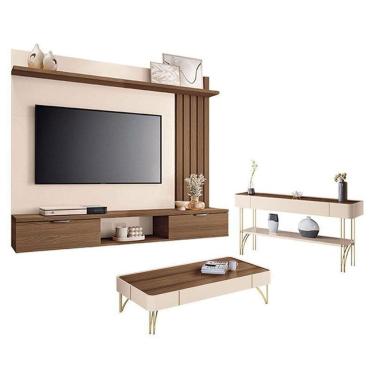 Imagem de Painel Suspenso Lets Castanho Off White Com Mesa De Centro Cadenza E Aparador Vivant Off White Castanho - Hb Móveis