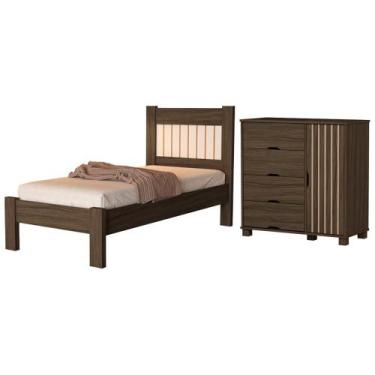Imagem de Cama de Solteiro e Comoda 4 Gavetas 1 Porta MDF Bela Decmade - Milani 