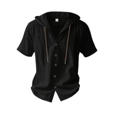 Imagem de Camisa Masculina De Algodão E Linho Com Capuz E Manga Curta, Respiráve