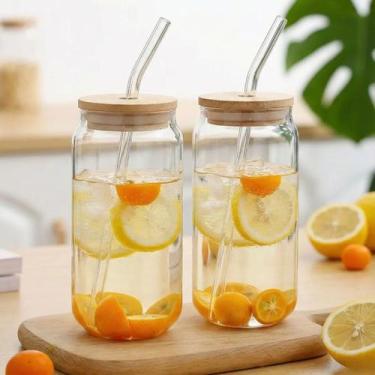 Imagem de Kit 2 Copos Vidro Lata 500ml com Tampa Bambu e Canudo Ecológico para D