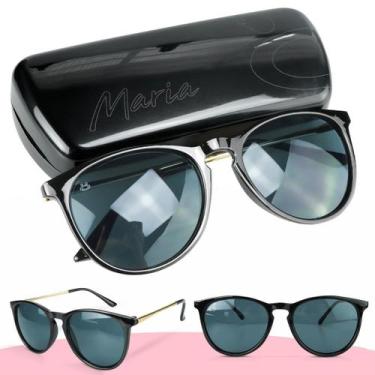 Imagem de oculos sol feminino acetato redondo preto protecao uv + case estiloso 