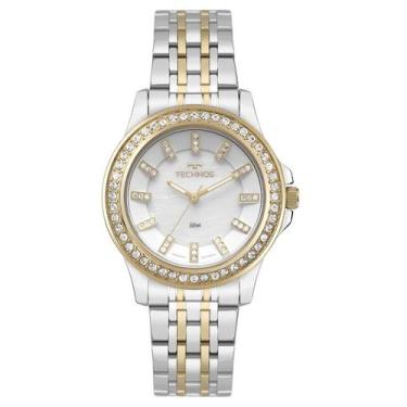 Imagem de Relogio Technos feminino prata dourado bicolor moderno cravejado com p