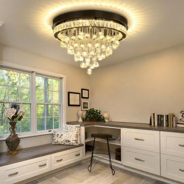 Imagem de Shial Lighting Dia 61.0 cm Lustres de cristal modernos para sala de jantar, lustre de gota de chuva preto Lustres de montagem embutida para sala de estar quartos sala de jantar regulável 2700k 4500k