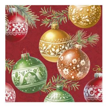 Imagem de Guardanapo Para Decoupage Papel Bolas de Natal Fundo Vermelho 20un IHR