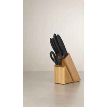 Imagem de Conjunto 5 Facas Madeira E Tesoura Cozinha - Congratulations Store