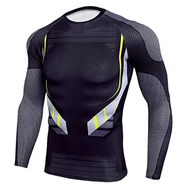 Imagem de Camisas masculinas de manga comprida com gola em raglan estampado elástico de secagem rápida camisetas esportivas de corrida tops casuais(X-Large)(Preto)