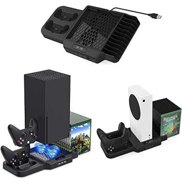 Imagem de TwiHill Suporte vertical com ventilador de resfriamento para Xbox Series X / S, estação de carregamento com portas de carregamento de controlador duplo, armazenamento retrátil de jogos e sistema refrigerador para Xbox Series X / S