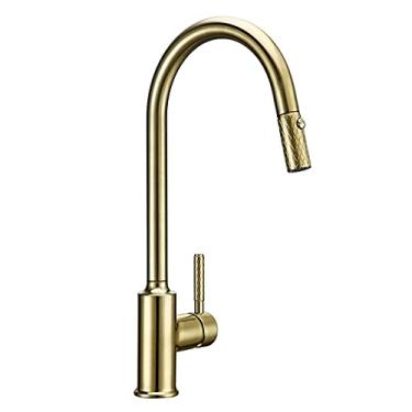 Imagem de Torneira de cozinha de latão dourado escovado Premium Gooseneck Extraível Torneira de cozinha pia misturadora Construção de latão maciço, ouro