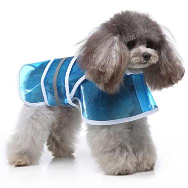 Imagem de Capa de chuva transparente para cães com alça de barriga ajustável e orifício para coleira - moletom com capuz com tira refletiva Slicker jaqueta de chuva para cães pequenos e médios, azul, 3GG (costas: 58cm)