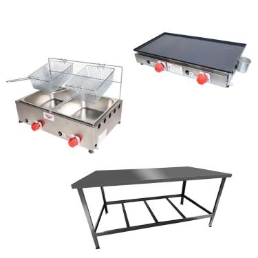 Imagem de Kit Lanchonete Mesa de Manipulação 120x55cm + Fritadeira a Gás 2 Cuba + Chapa a Gás 60cm Alcamar
