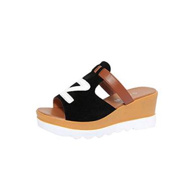 Imagem de Sandália feminina fashion cor sólida anabela peep toe plana sandálias chinelos cor feminina (preto, 35)