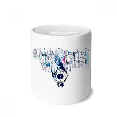 Imagem de DIYthinker Relógio de construção moderno da cidade em aquarela, caixa de dinheiro, porta-moedas de cerâmica, presente de cofrinho