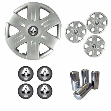 Imagem de Jogo Calota Aro 15 Sandero Logan Scénic 2008 à 2011 + Emblema Resinado + Tampa Ventil Cromada