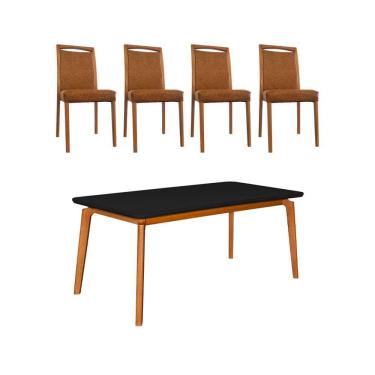 Imagem de Mesa Jantar Luxo Jade 160x90cm Preto com 4 Cadeiras Estofadas Couro Pu Caramelo Base Madeira Maciça 