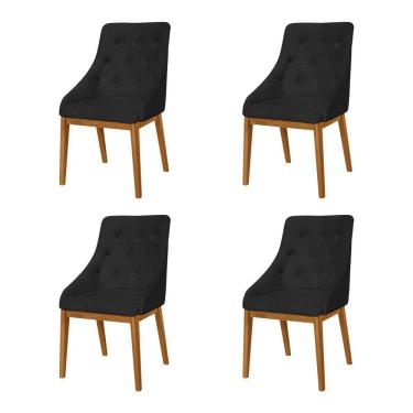 Imagem de Kit 4 Cadeiras de Jantar Luxo Estofada Elisa Anatômica Capitonê em Couro Pu Preto Base Madeira Maciç