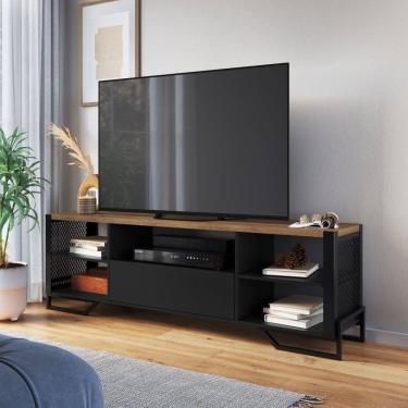 Imagem de Rack Para TV ate 60 Polegadas Estilo Industrial 180cm em MDP com 1 Gaveta e Laterais Teladas P1017 Preto Mel