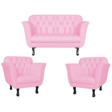 Imagem de Kit Namoradeira + 2 Poltronas Decorativa Dália Suede Rosa Bebê Pés Madeira Mz Decor