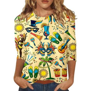 Imagem de Camiseta feminina de carnaval com estampa de carnaval, blusa de manga 3/4, blusa de gola redonda, festa, K#_amarelo, P
