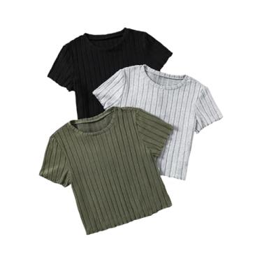 Imagem de SOLY HUX Camiseta feminina de verão de manga curta de malha canelada 3 peças sólida gola redonda camiseta básica, Preto, cinza, verde, 16 Anos