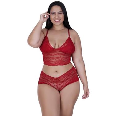 Imagem de Conjunto Lingerie Plus Size De Renda Espera Marido Cropped e Calcinha Short Sexy (Vermelho, 50)