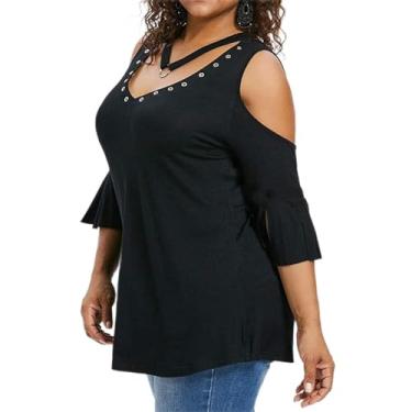 Imagem de Camisetas femininas com gola V, manga curta, meio sino, ombros vazados, recortadas, blusas femininas 2024, W-447 Preto, 4G