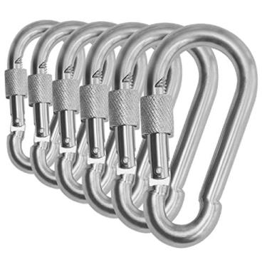 Imagem de Branded Boards Mosquetão de aço galvanizado com mola e fecho de parafuso de polegar resistente preto e prata com trava de pressão de pressão de 90 a 181 kg de carga. 6 e 12 pacotes (7 cm pacote com 6 unidades)