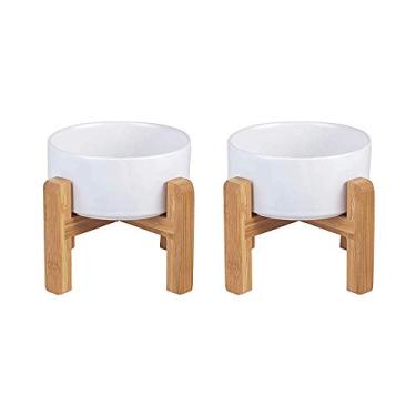 Imagem de Tigelas elevadas de cerâmica, médias - suporte de madeira antiderrapante - antivômito (Branco, Medium Dog Bowls 850ML*2)