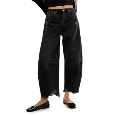 Imagem de Cicy Bell Calça jeans feminina folgada de perna larga barril ferradura boyfriend cropped bainha crua calça jeans, Preto, 9