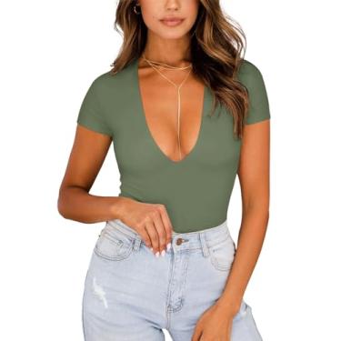 Imagem de REORIA Body feminino sexy com decote V profundo e manga curta, forro duplo, camiseta para sair, Verde oliva, GG
