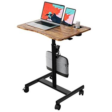 Imagem de JYLH JOYSEEKER Mesa de suporte móvel, mesa de laptop de 71 cm com suporte para copos, estação de trabalho móvel com rodas, carrinho de mesa portátil com gancho para escritório em casa, marrom rústico