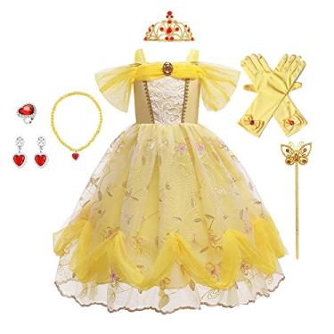 Imagem de CinheyU Vestido de festa de aniversário Princesa Bela com acessórios Fantasia de A Bela e a Fera Roupas de Natal Halloween Amarelo 005 10-11T