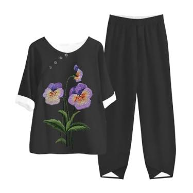 Imagem de Conjunto feminino de duas peças com mangas de linho de algodão, ajuste solto, camisa de conscientização de Alzheimer e conjunto de perna larga, Preto, 3X-Large