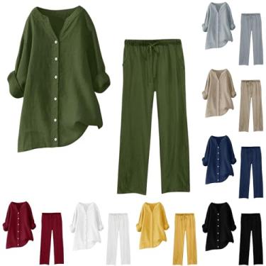 Imagem de Conjunto de 2 peças de roupas femininas de verão 2024 moderno casual de linho conjunto de agasalho de manga comprida com botões e calças compridas, Vinho, X-Large