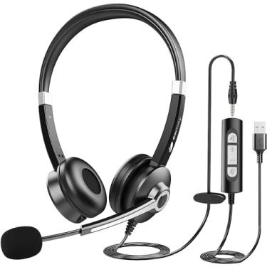 Imagem de Fone de ouvido USB para computador com microfone para laptop, PC, fone de ouvido estéreo de Call Center com fio de 3,5 mm com cancelamento de ruído, fones de ouvido com fio para mesa com microfone e mudo para escritório/teletrabalho/casa/criança/zoom