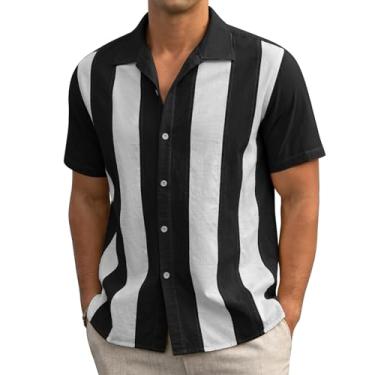 Imagem de Askdeer Camisa masculina de linho manga curta vintage verão casual camisa de botão camisa praia Cuba, A02 preto e branco, XXG